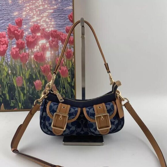 COACH Ashton Baguette Bag In Signature Canvas Denim/Brown CY700 - Picture 2 of 7